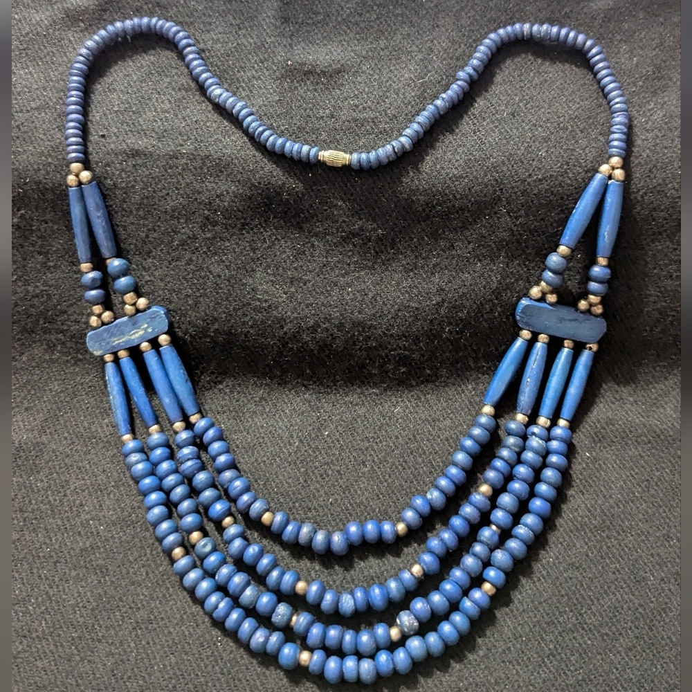 Vintage Silver Tone Blue Bead Bib Style Layered Multi Strand Statement Necklace